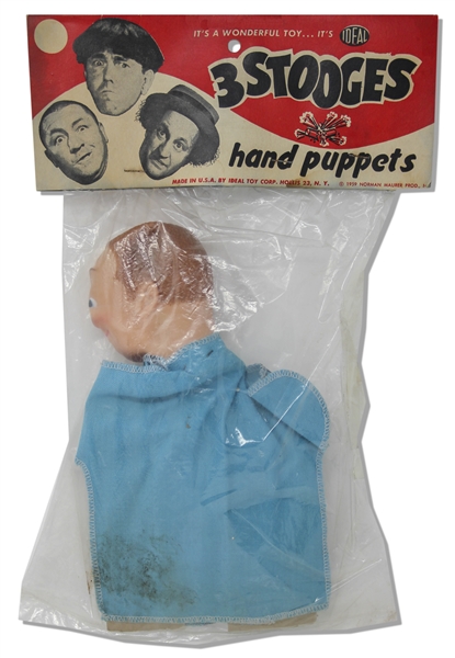 Three Stooges Hand Puppet From 1959 of Curly in Original Ideal Packaging -- Tear to Plastic on Side, Overall Very Good Condition
